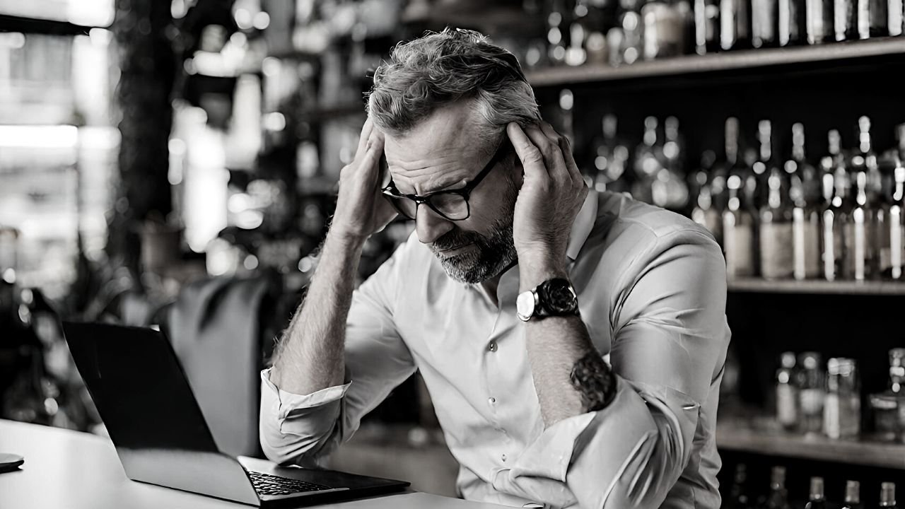 A man in a shirt seated in front of his laptop rubbing his temples in despair as he realises leadership structure in small business isn't hiring friends in business and PIPs: A strategic tool or a ticking time bomb for your business? The 3Es test for ethical policies in business