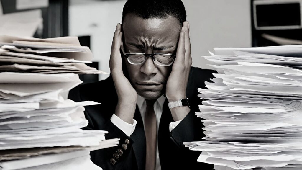 A man in a suit with both hands cupping his face with an exxpression of sheer dread and misery as he looks down to avoid making eye contact with the mounds of paperwork - The Vital Importance of Regular Policy Reviews for Businesses - Those Who Know Better Should Do Better