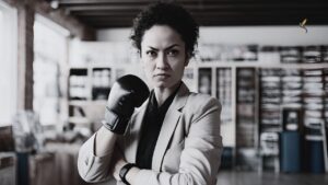 Woman smartly dressed with an aggressive facial expression posed with a boxing glove ready to fight. HouseRules Methodology Turn Tables on Resign Threats