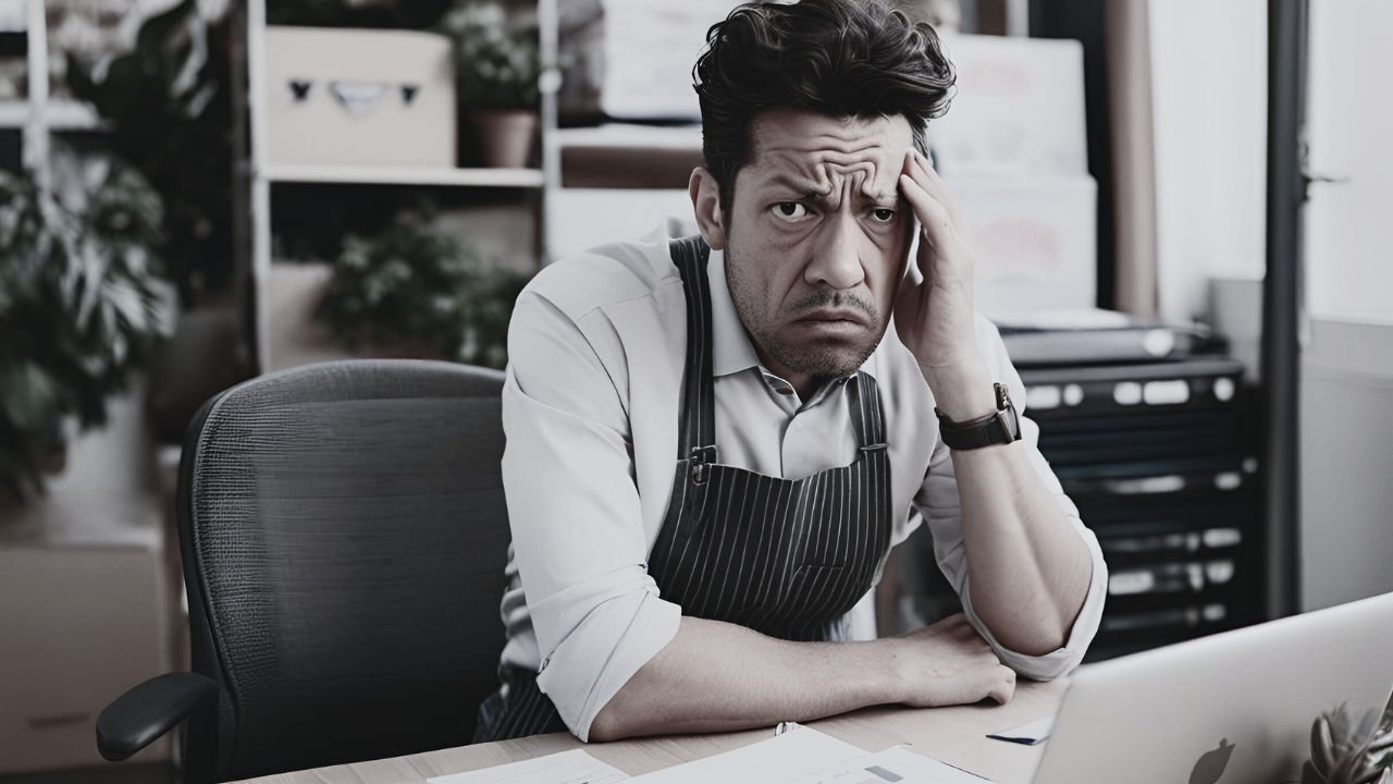 A man at a desk clearly distressed with a wrinkled brow and hand to his temple - business growth structure