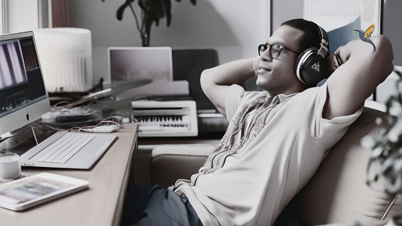 A male sound engineer at work leaning back in a seated position with his hands up behind his head. Dressed causally setting the standard of work professionalism in his business.