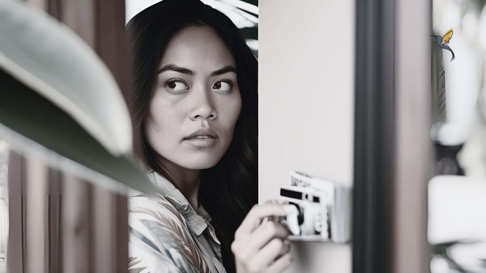 A woman looking suspicious peeping through a doorway she contemplates The Ethics of Using Insider Knowledge