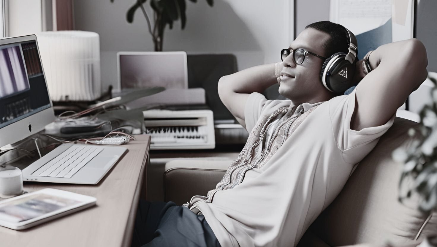 A man with a large headset leaning back in a seated position with arms folded behind his head at ease behind his work desk comfortable and in the know for having a Clean Up audit