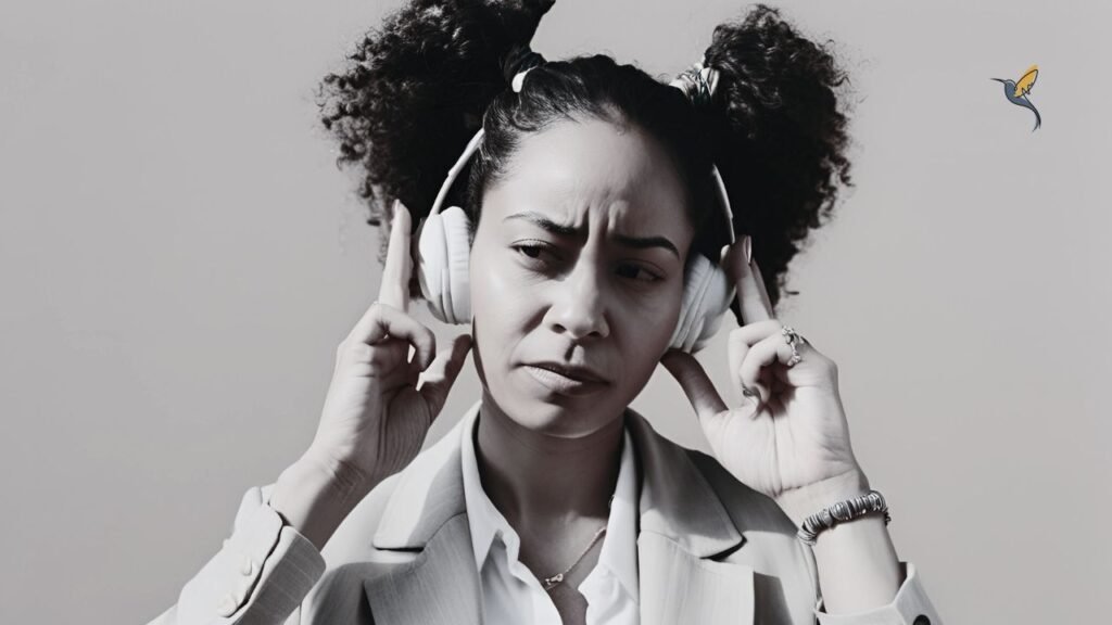 A woman with her hair in two puffs wearing headphones to fill the business ecosystem silence
