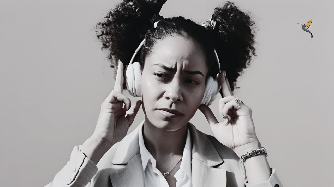 A woman with her hair in two puffs wearing headphones to fill the business ecosystem silence