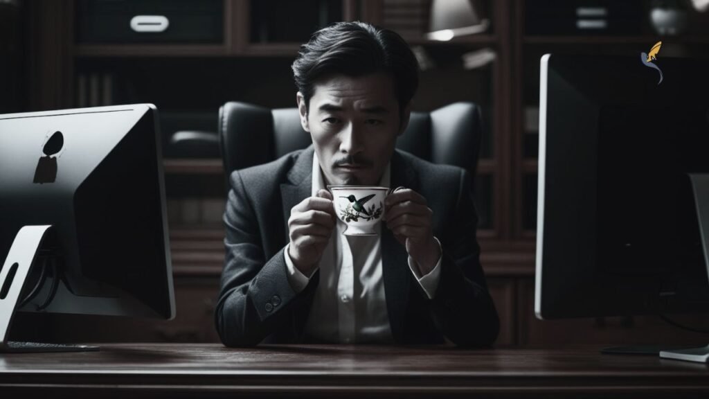 A shadowy image of a man seated behind a desk with double monitors a cup in hand contemplating leadership clarity to reduce the risk of business ecosystem silence