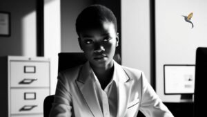 The leadership mindset of a young woman smartly dressed, seated in a office with a means letting go in leadership to enable policy clarity and real business transformation.