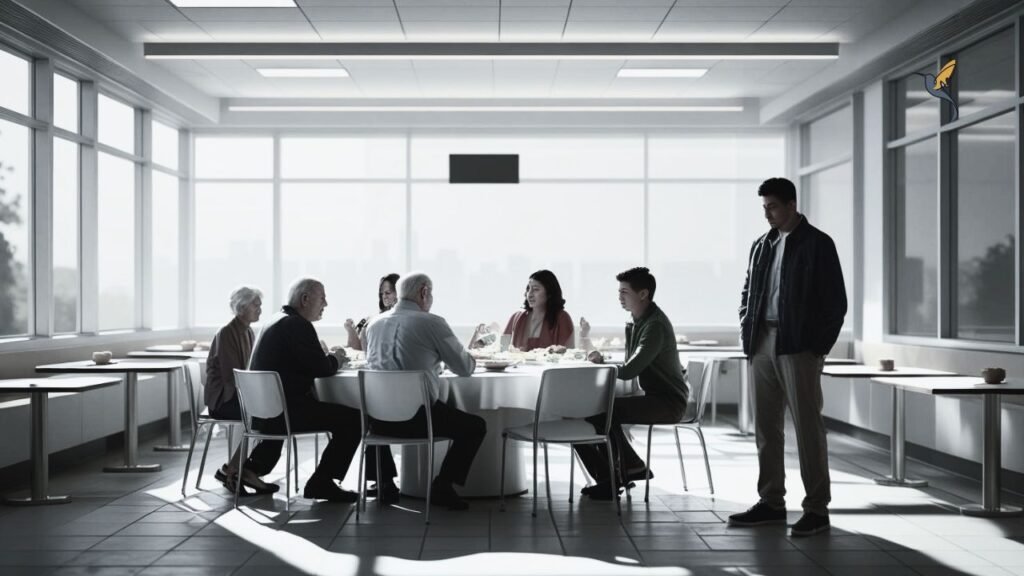 A work lunch but not enough space for the recently arrived showing that ethical policies require leadership clarity to ensure employee retention