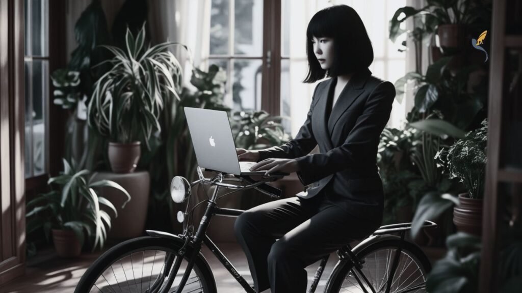 A woman in a suit on a bicycle working on a laptop resting on the handlebars in a small living room with lots of house plants revealing the outdated benefits without ethical policies