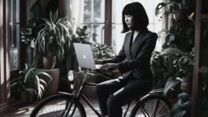 A woman in a suit on a bicycle working on a laptop resting on the handlebars in a small living room with lots of house plants revealing the outdated benefits without ethical policies
