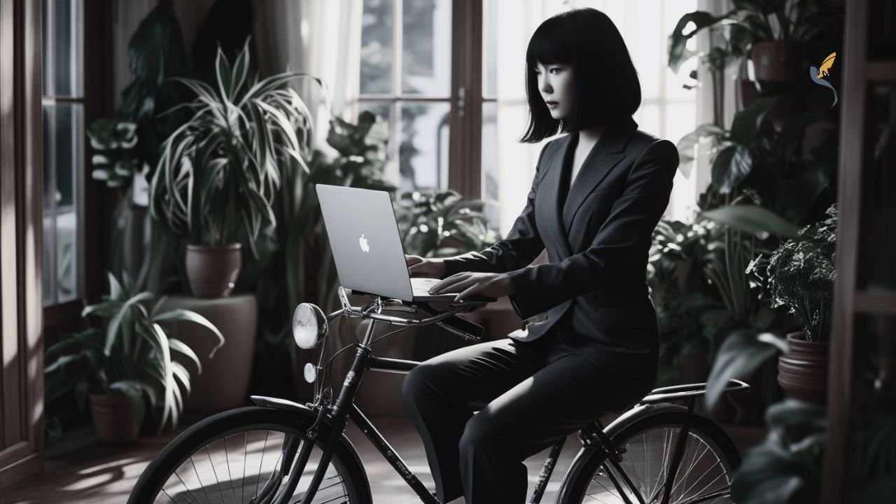 A woman in a suit on a bicycle working on a laptop resting on the handlebars in a small living room with lots of house plants revealing the outdated benefits without ethical policies