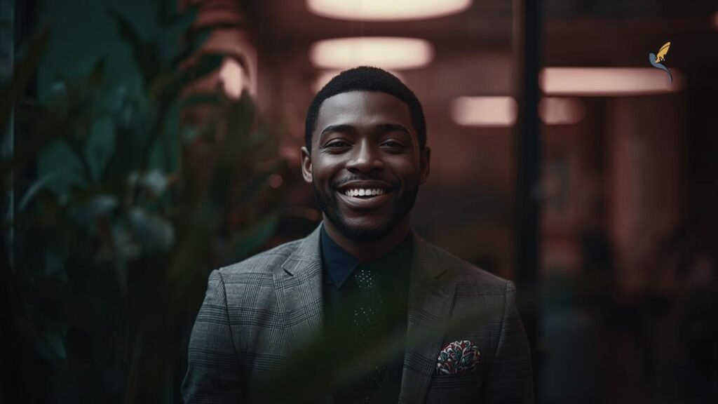 A man smartly dressed in warm dim lighting smiling because he know understands the cost of leadership distrust with the right business policies
