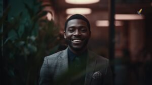 A man smartly dressed in warm dim lighting smiling because he know understands the cost of leadership distrust with the right business policies