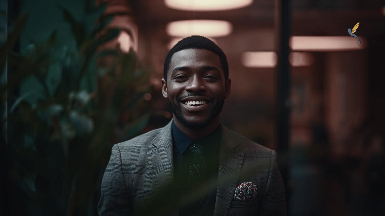 A man smartly dressed in warm dim lighting smiling because he know understands the cost of leadership distrust with the right business policies