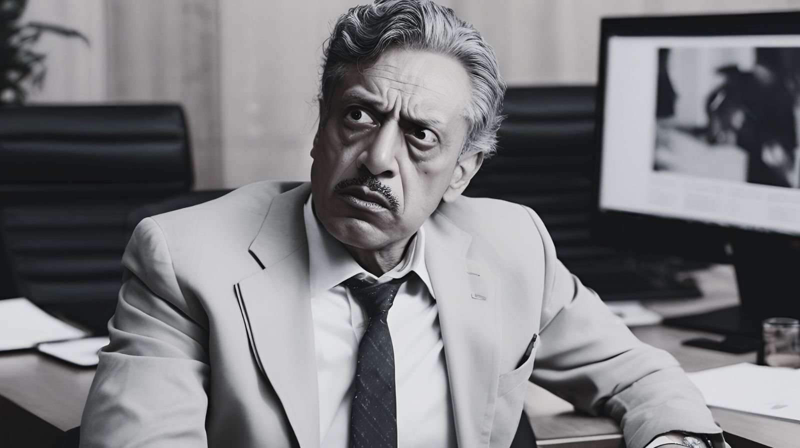 A mature man in a suit and tie with a dubious expression as he learns about work culture and leadership accountability the ethical way