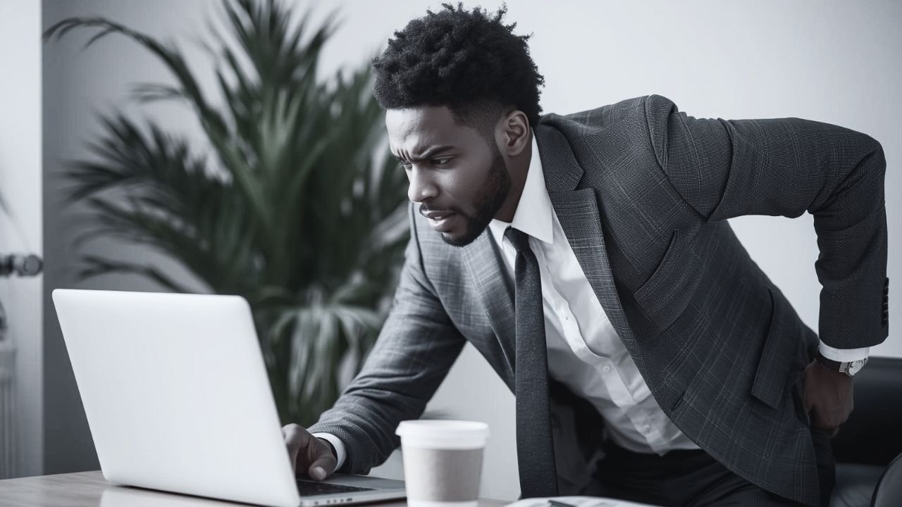 A man in a suit and tie bent over the desk frowning at his laptop contemplating reactive leadership
