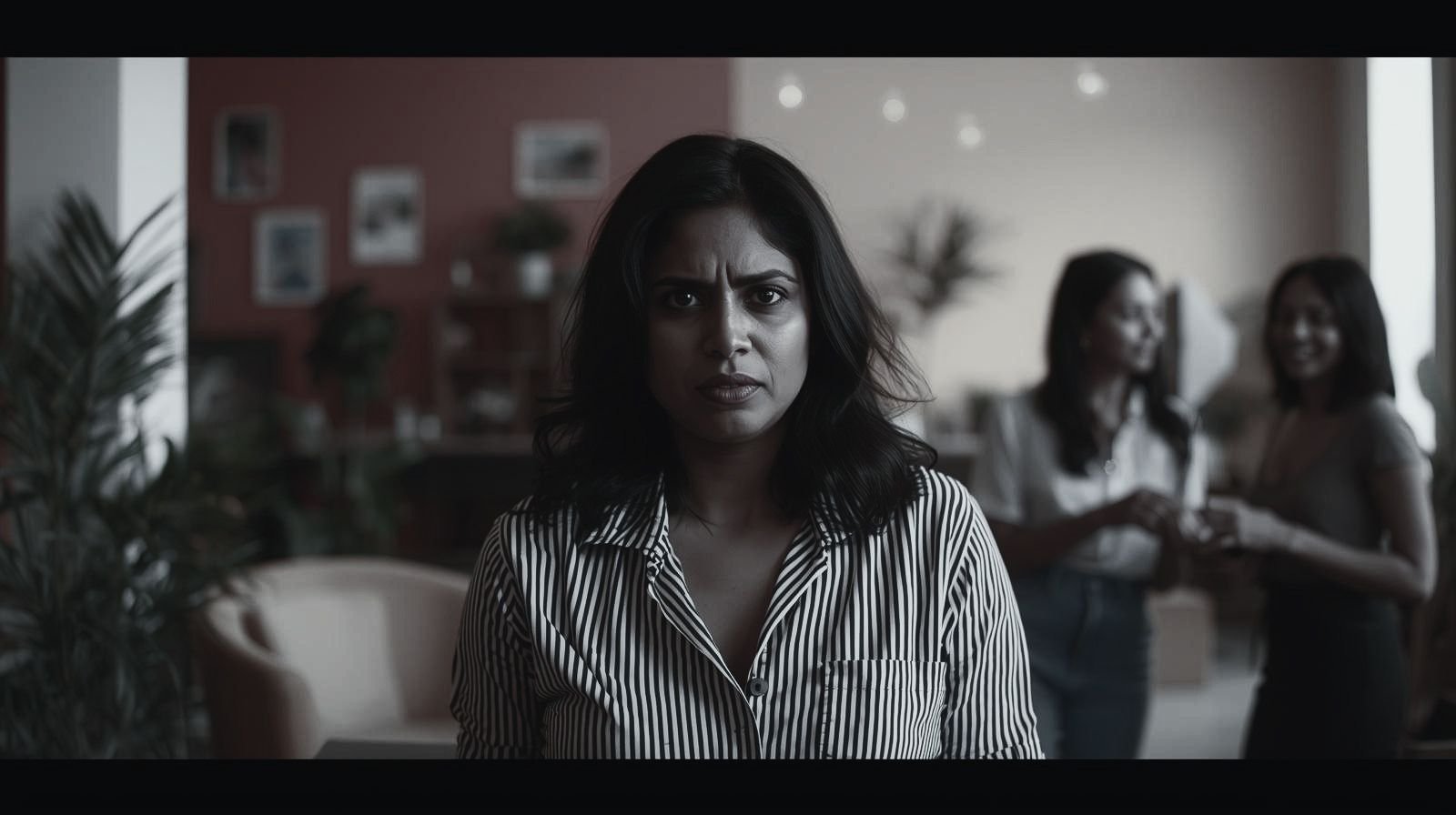 A person with dark hair and a striped shirt looks directly at the camera with a concerned expression. In the blurred background, two people are visible. Accountability in the Workplace is set by Leadership.
