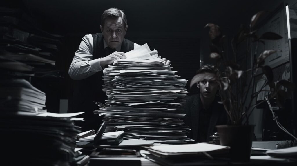 A business owner displaying inconsistent processes in business by piling high all the work to the new hire almost hidden behind the work.