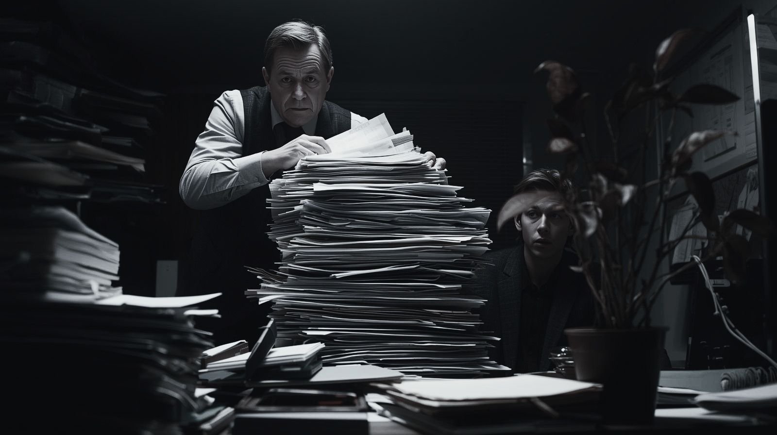 A business owner displaying inconsistent processes in business by piling high all the work to the new hire almost hidden behind the work.