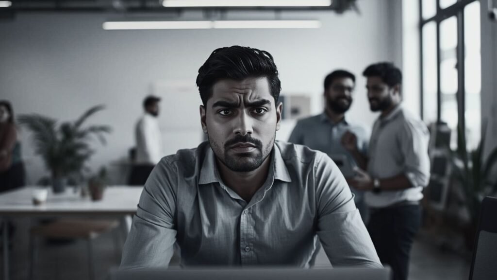 A business founder frustrated by the lack of ownership of his team as they stand in the background chatting.