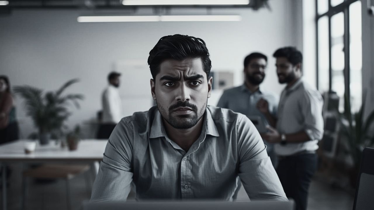 A business founder frustrated by the lack of ownership of his team as they stand in the background chatting.